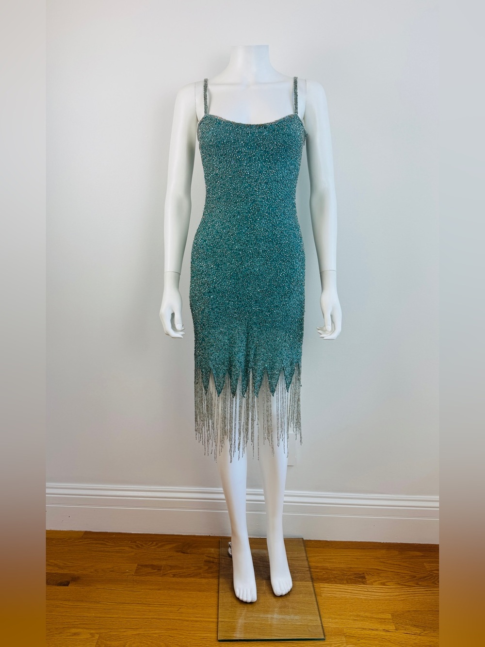 Vintage 90s 1990s 2000s Aftershock Beaded Silk Fringe Blue Midi Dress Wedding